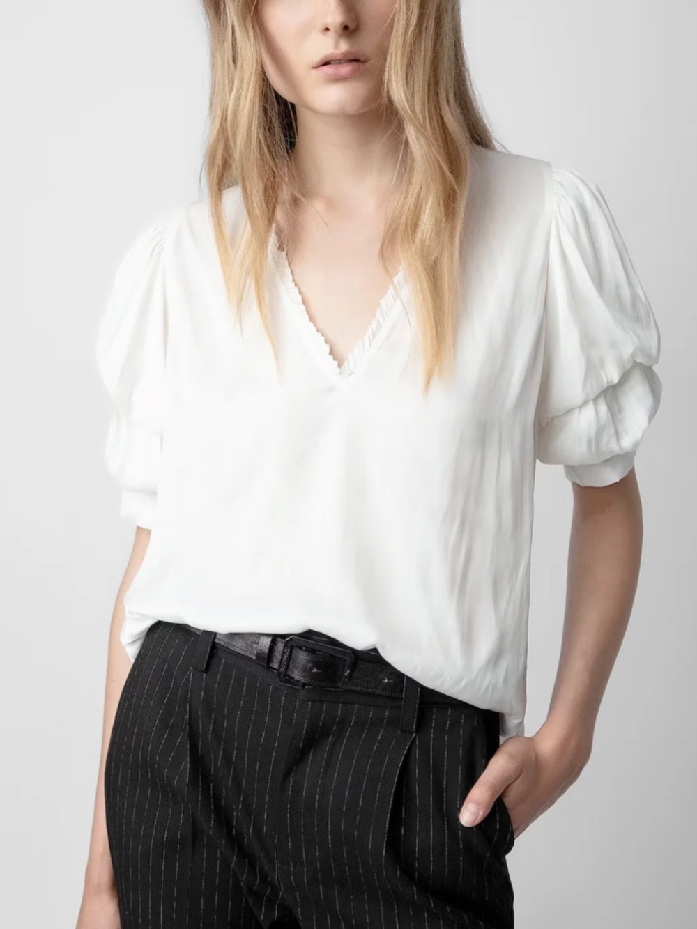Zadig & Voltaire Taste Satin V-Neck Ruffle Sleeve Blouse